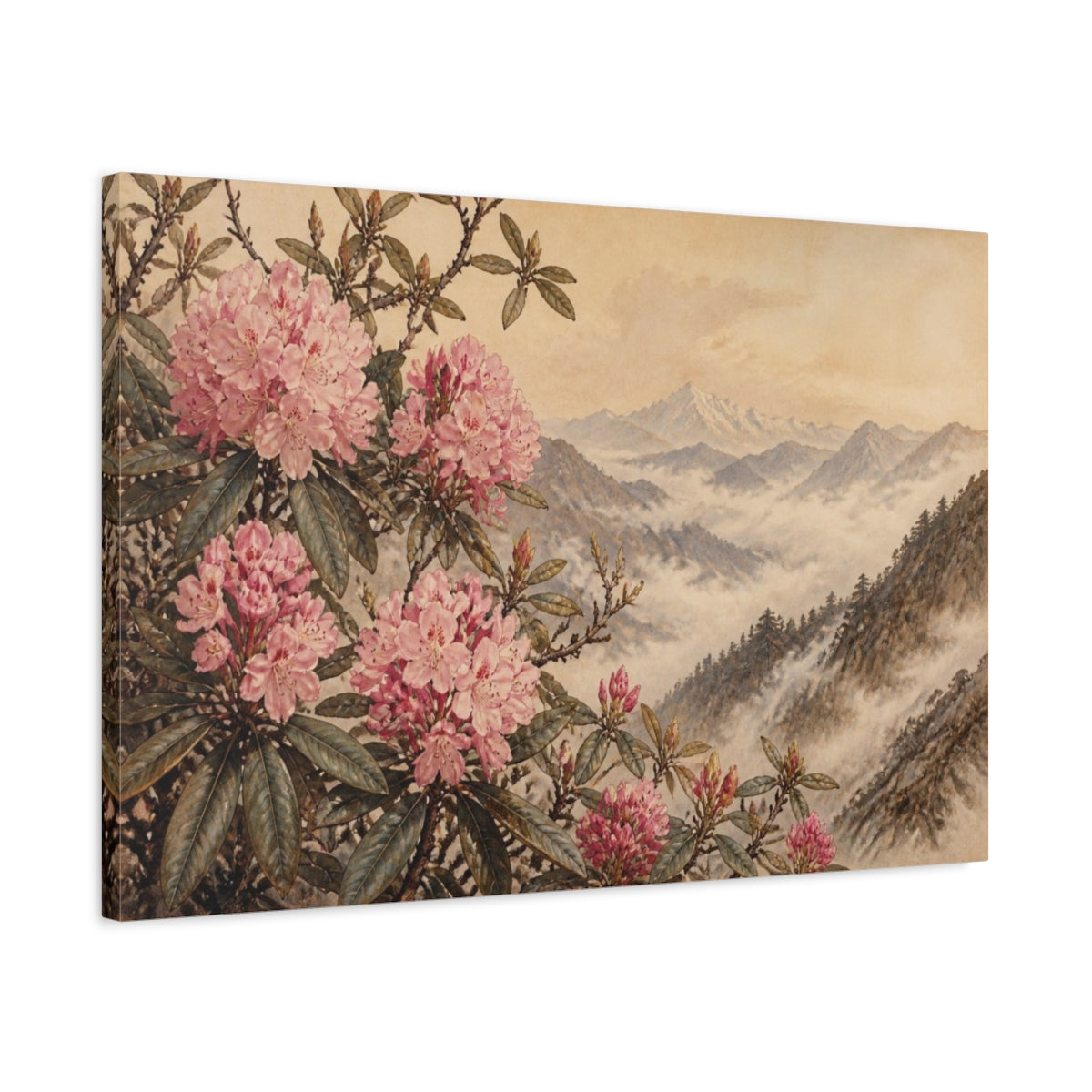 Side Mockup 2. Misty Himalayan Rhododendrons shown as canvas print