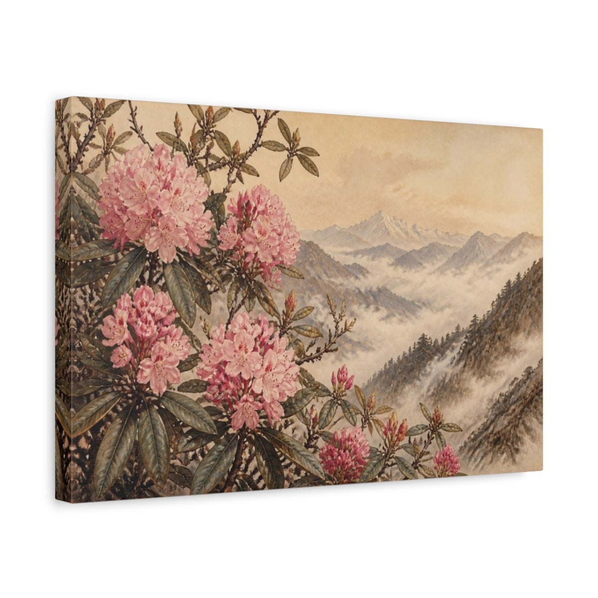 Side Mockup 4. Misty Himalayan Rhododendrons shown as canvas print