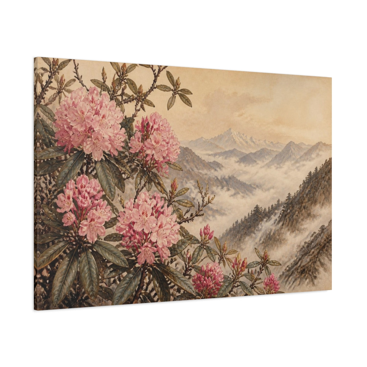 Side Mockup 1. Misty Himalayan Rhododendrons shown as canvas print