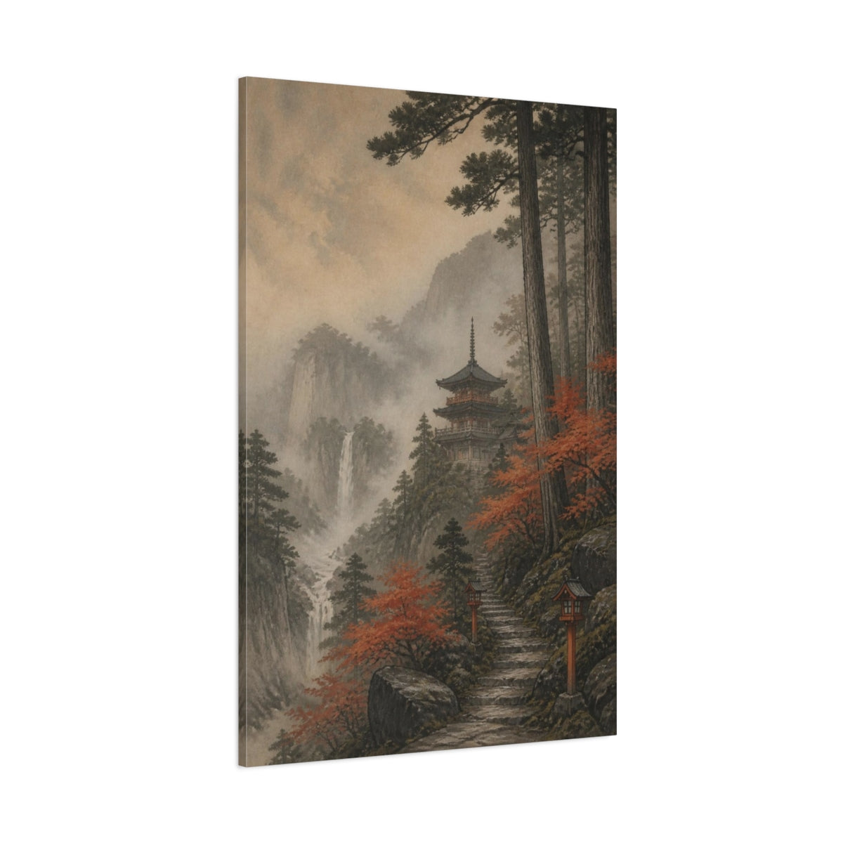 Side Mockup 1. Misty Japanese Pagoda shown as canvas print