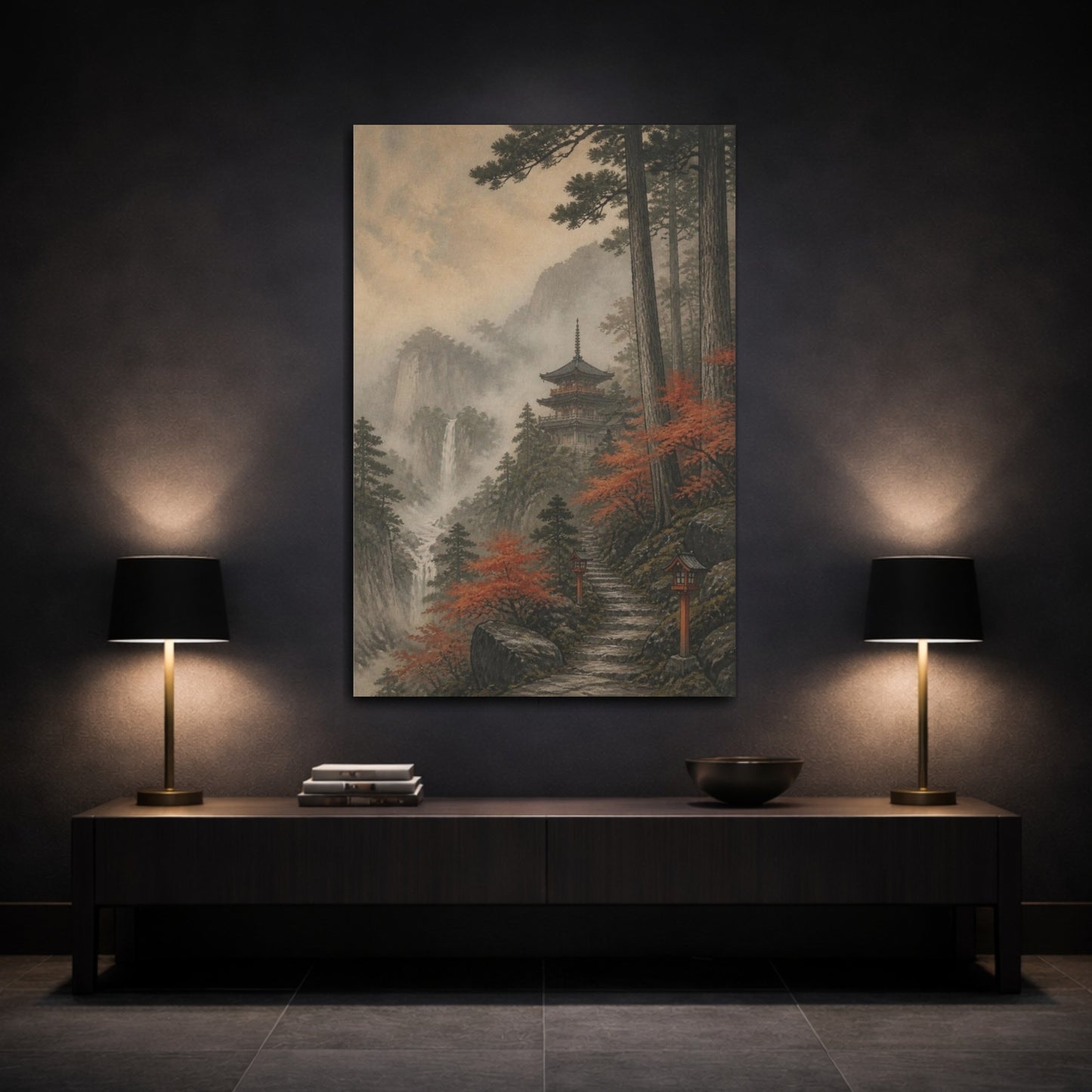 Mockup 3. Misty Japanese Pagoda shown as canvas print