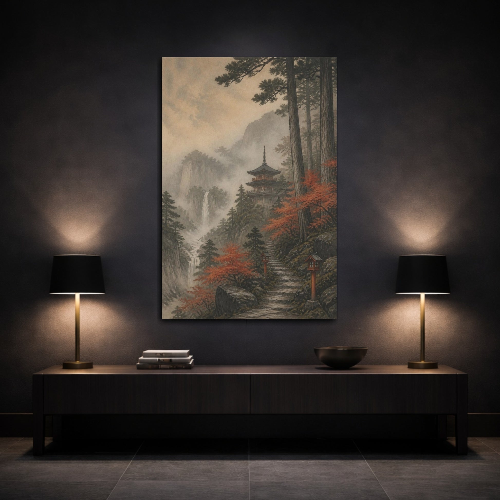 Mockup 3. Misty Japanese Pagoda shown as canvas print