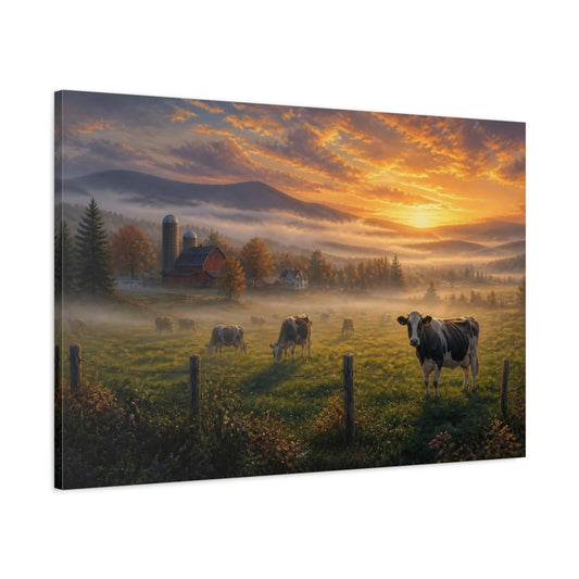 Main Mockup. Misty Morning Farmstead shown as canvas print