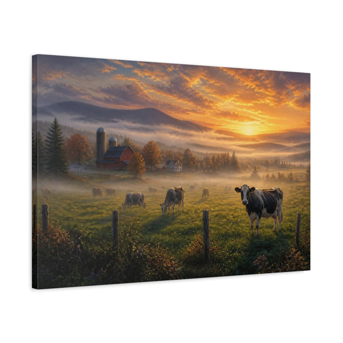Side Mockup 2. Misty Morning Farmstead shown as canvas print