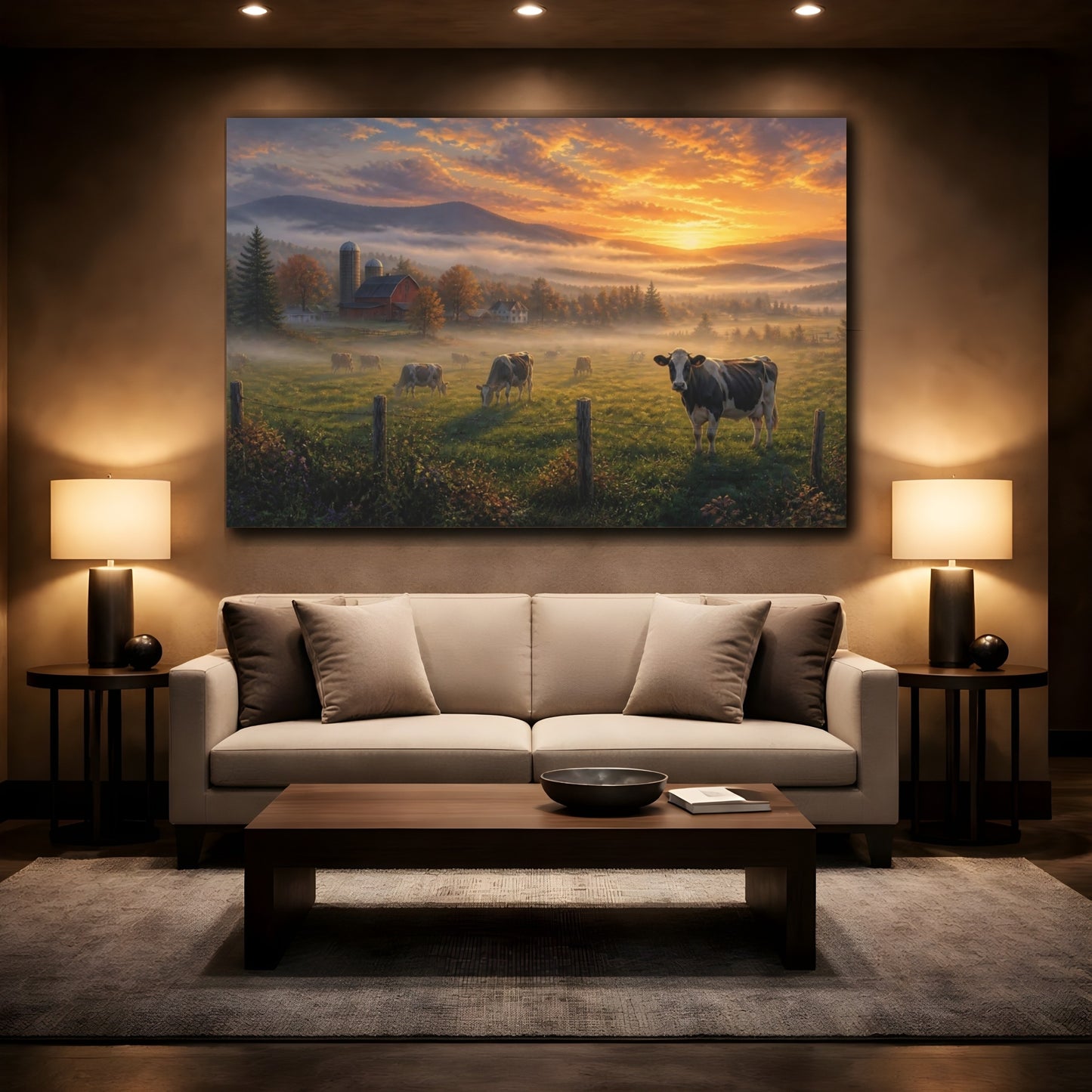 Mockup 2. Misty Morning Farmstead shown as canvas print