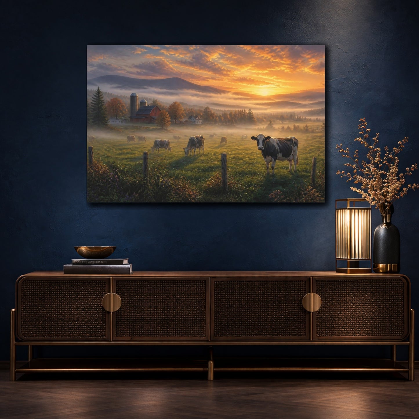 Mockup 4. Misty Morning Farmstead shown as canvas print