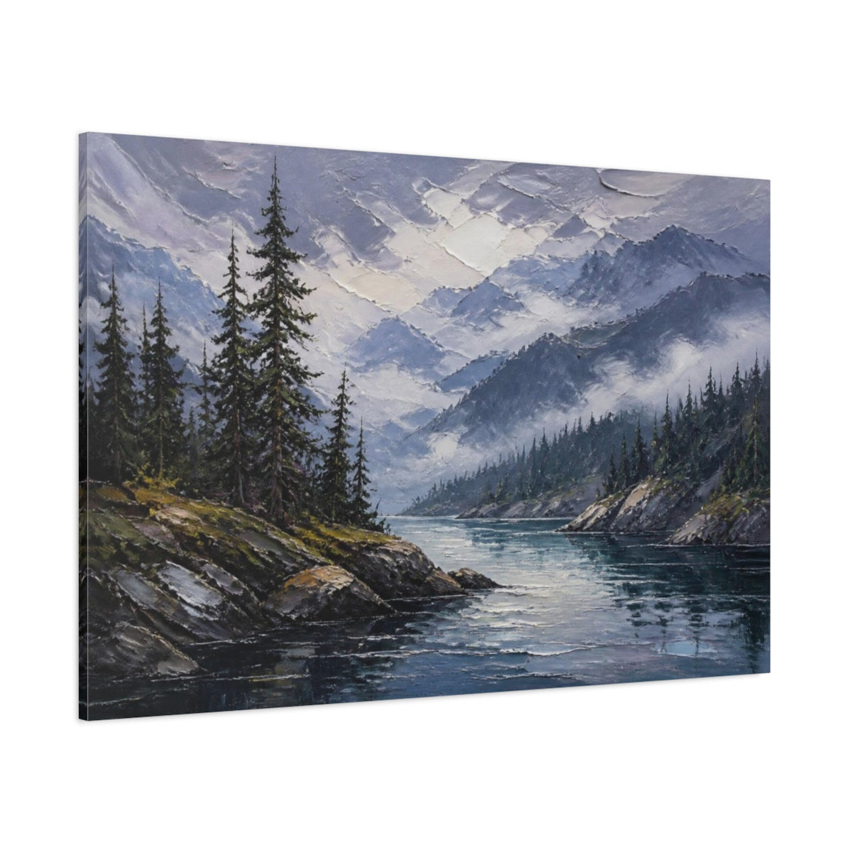 Side Mockup 1. Misty Mountain Inlet shown as canvas print