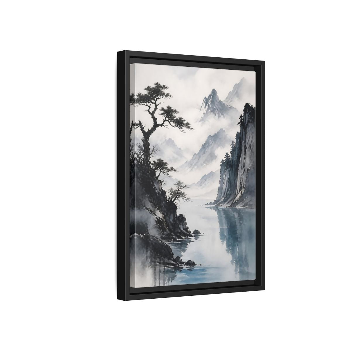 Side Mockup 6. Misty Mountain Lake shown as framed canvas print