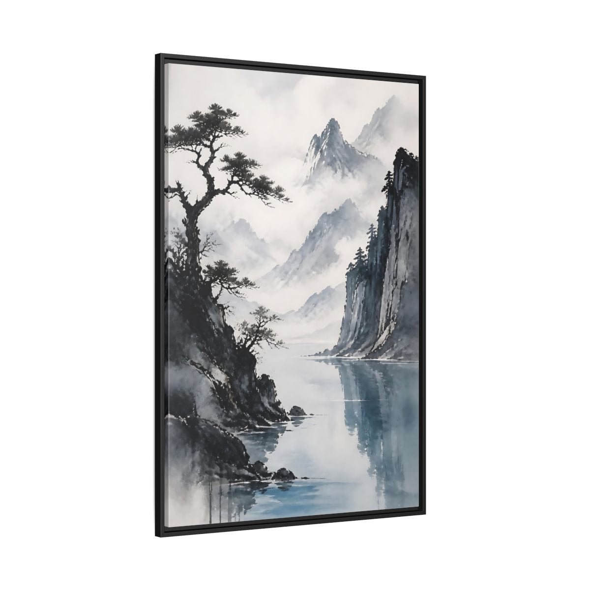 Side Mockup 12. Misty Mountain Lake shown as framed canvas print