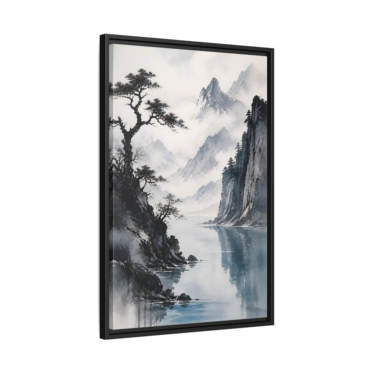 Side Mockup 14. Misty Mountain Lake shown as framed canvas print