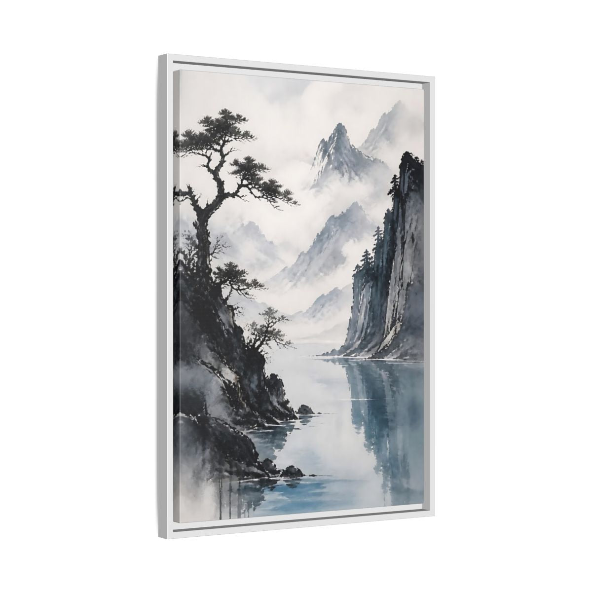 Side Mockup 10. Misty Mountain Lake shown as framed canvas print