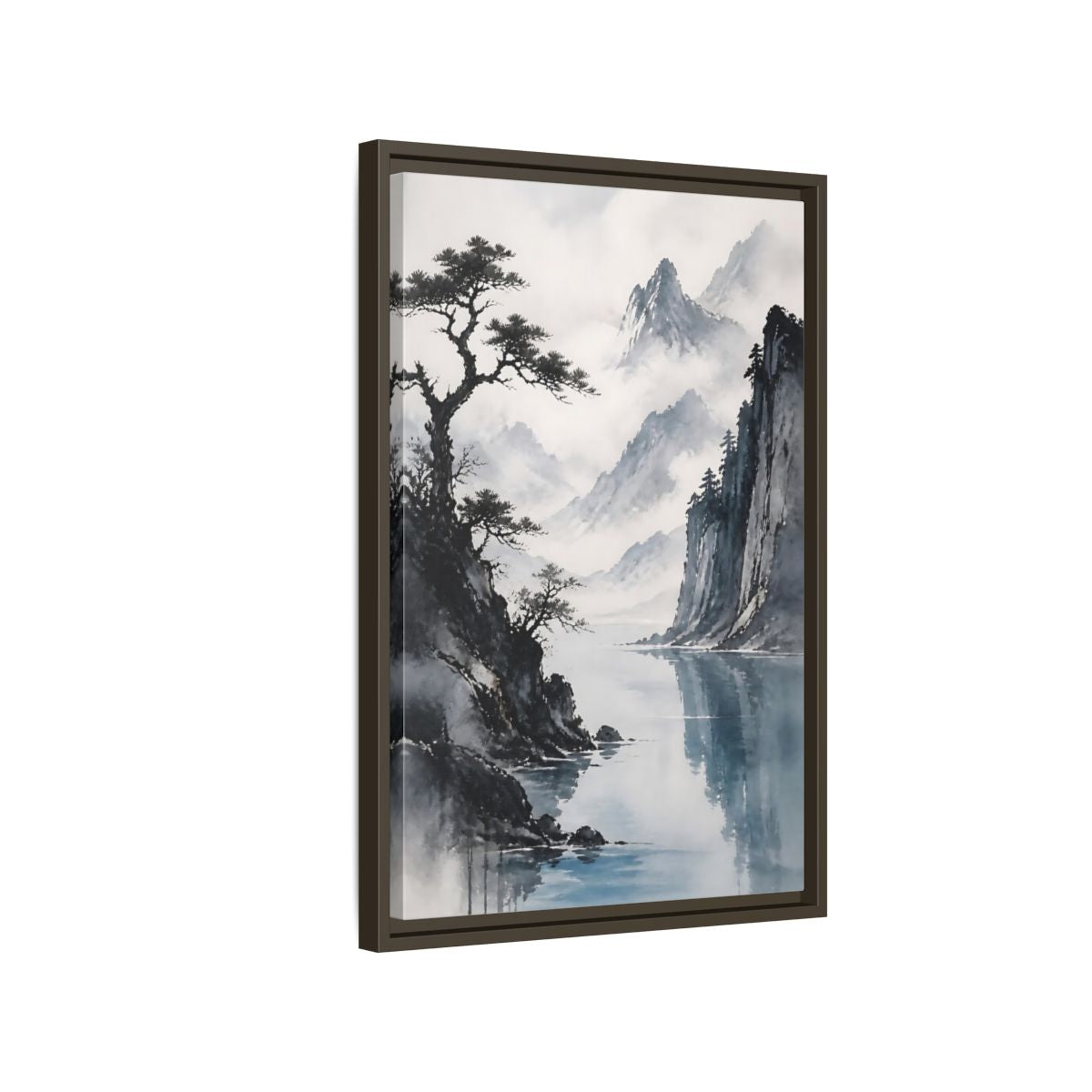 Side Mockup 2. Misty Mountain Lake shown as framed canvas print