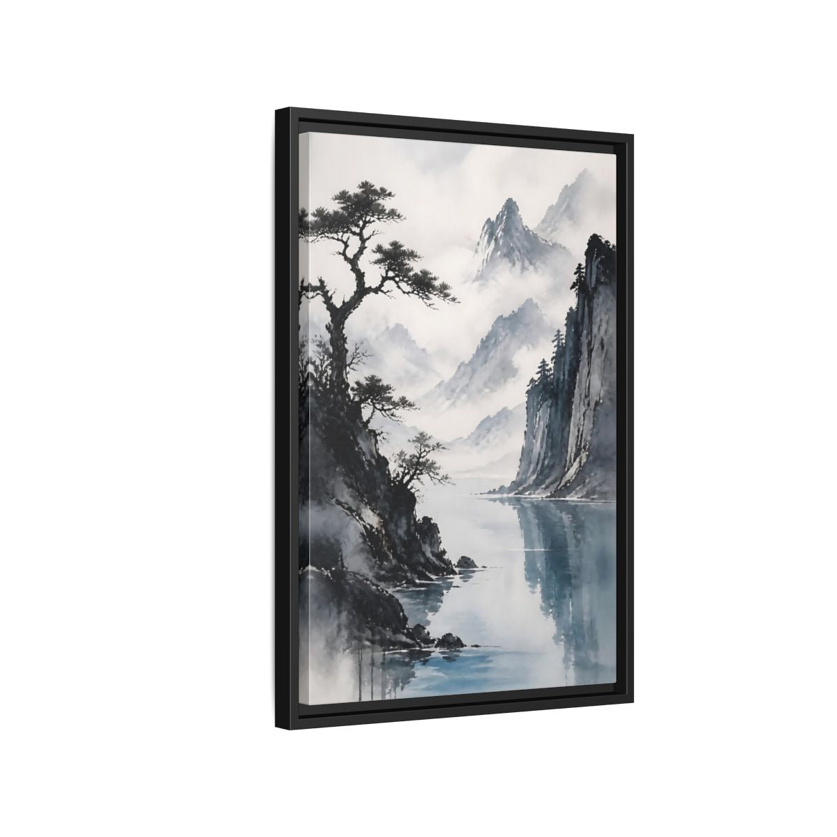 Side Mockup 3. Misty Mountain Lake shown as framed canvas print