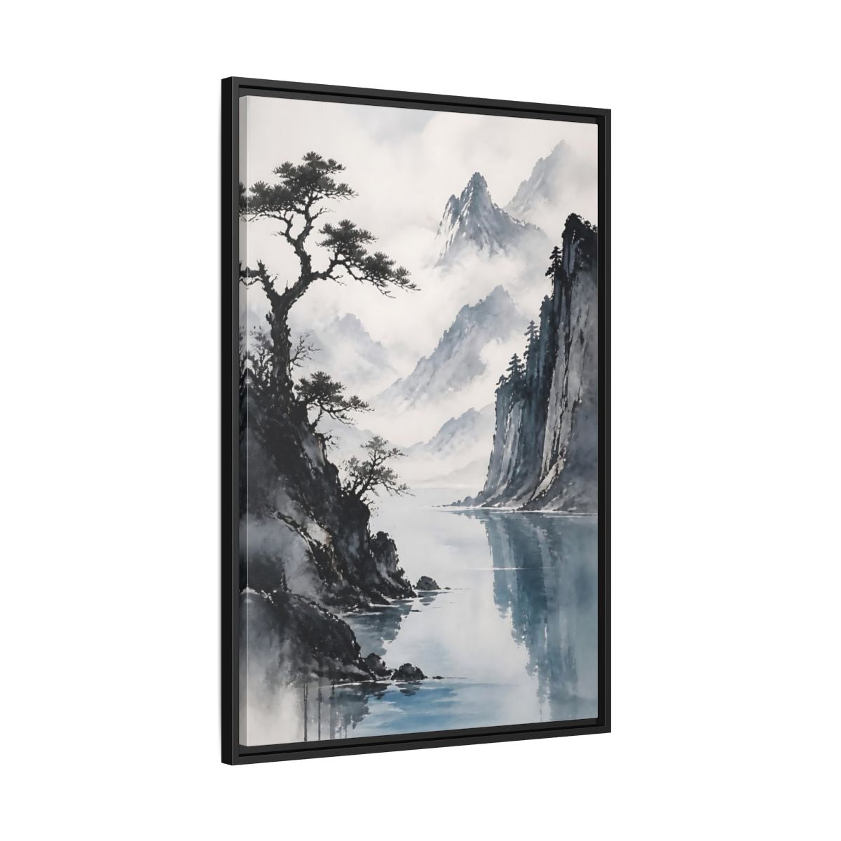 Side Mockup 13. Misty Mountain Lake shown as framed canvas print