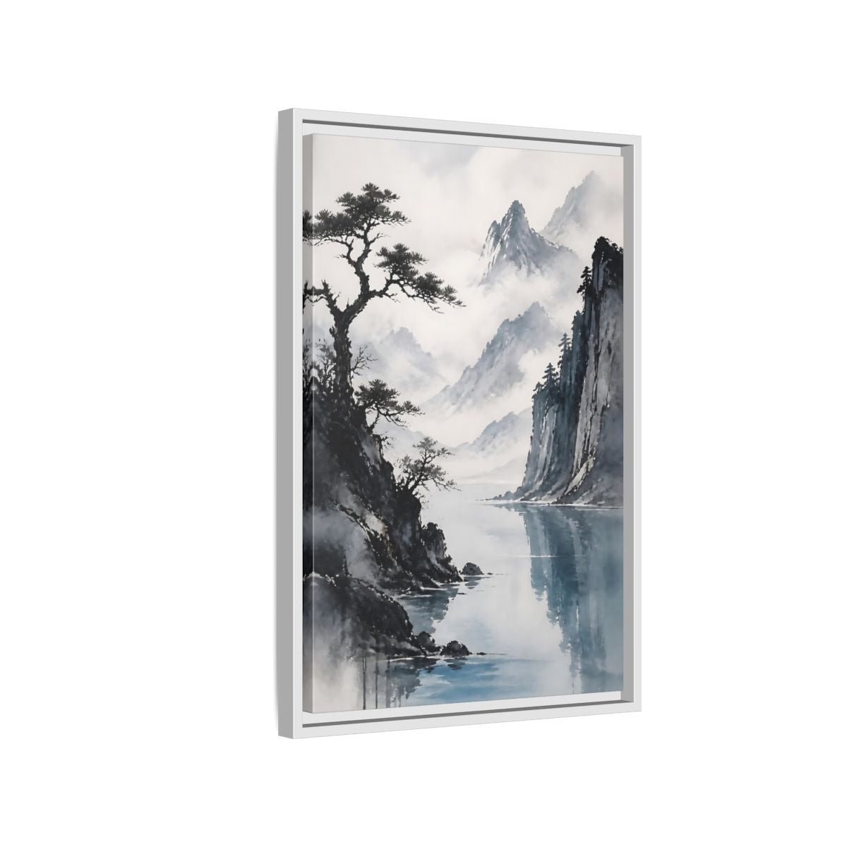 Side Mockup 1. Misty Mountain Lake shown as framed canvas print