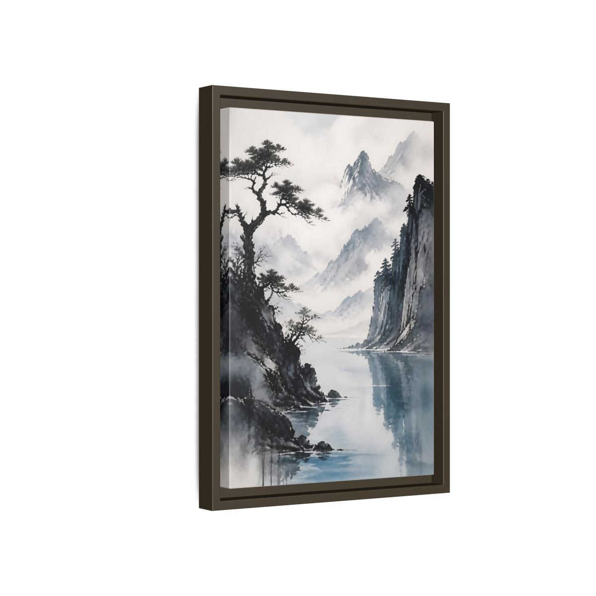 Side Mockup 5. Misty Mountain Lake shown as framed canvas print