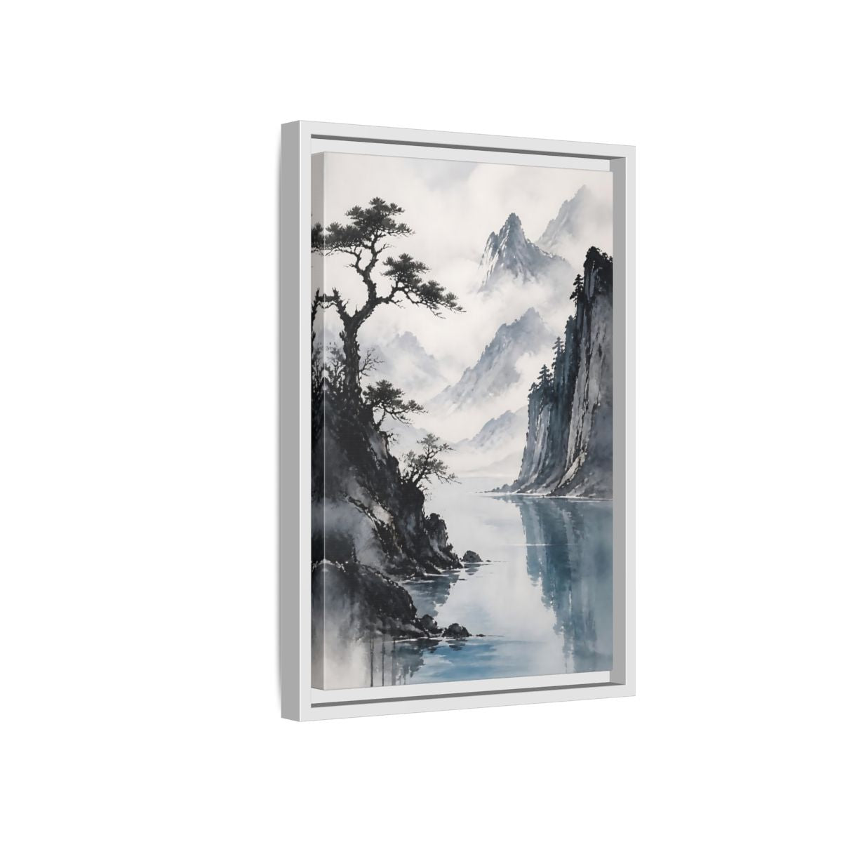 Side Mockup 4. Misty Mountain Lake shown as framed canvas print