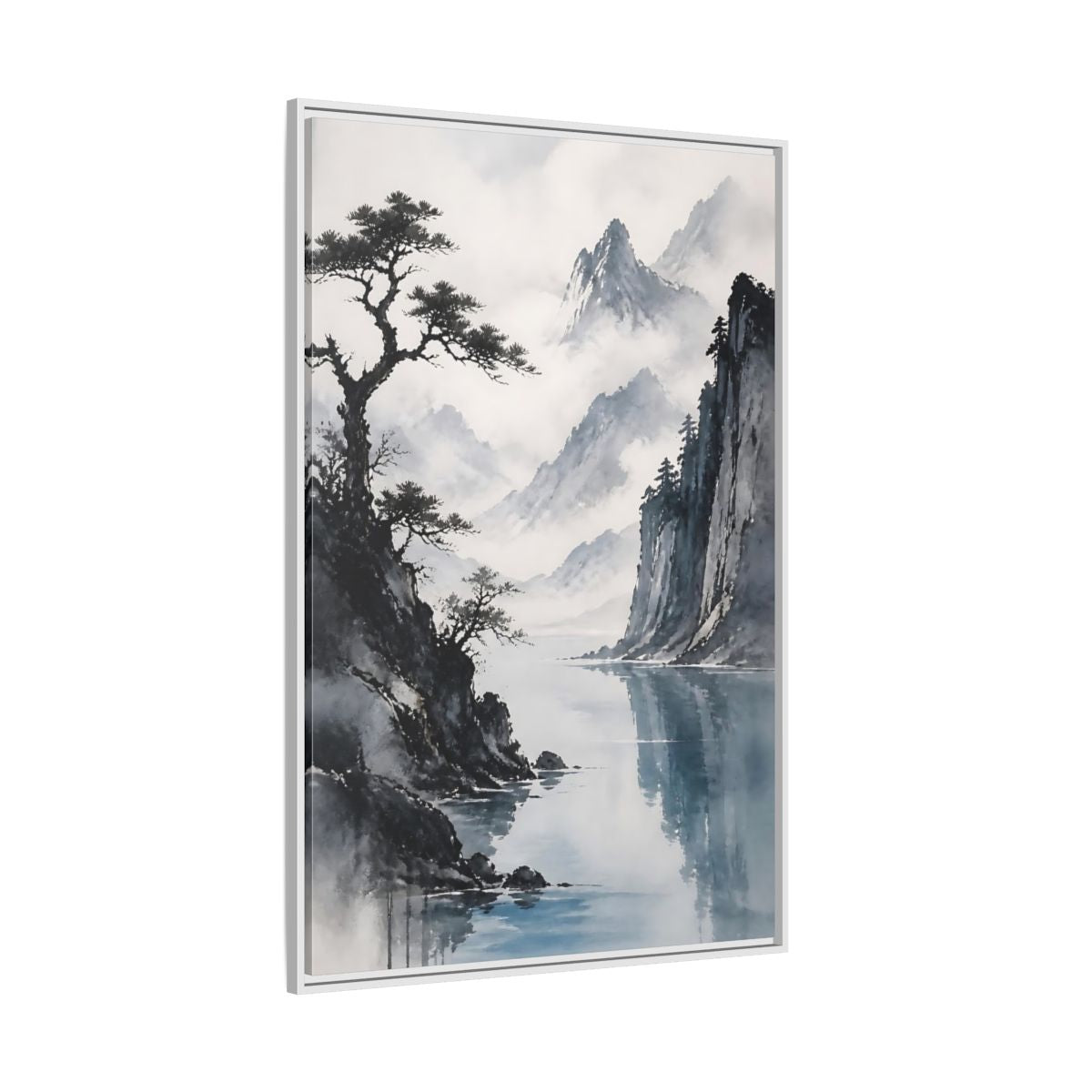 Side Mockup 7. Misty Mountain Lake shown as framed canvas print