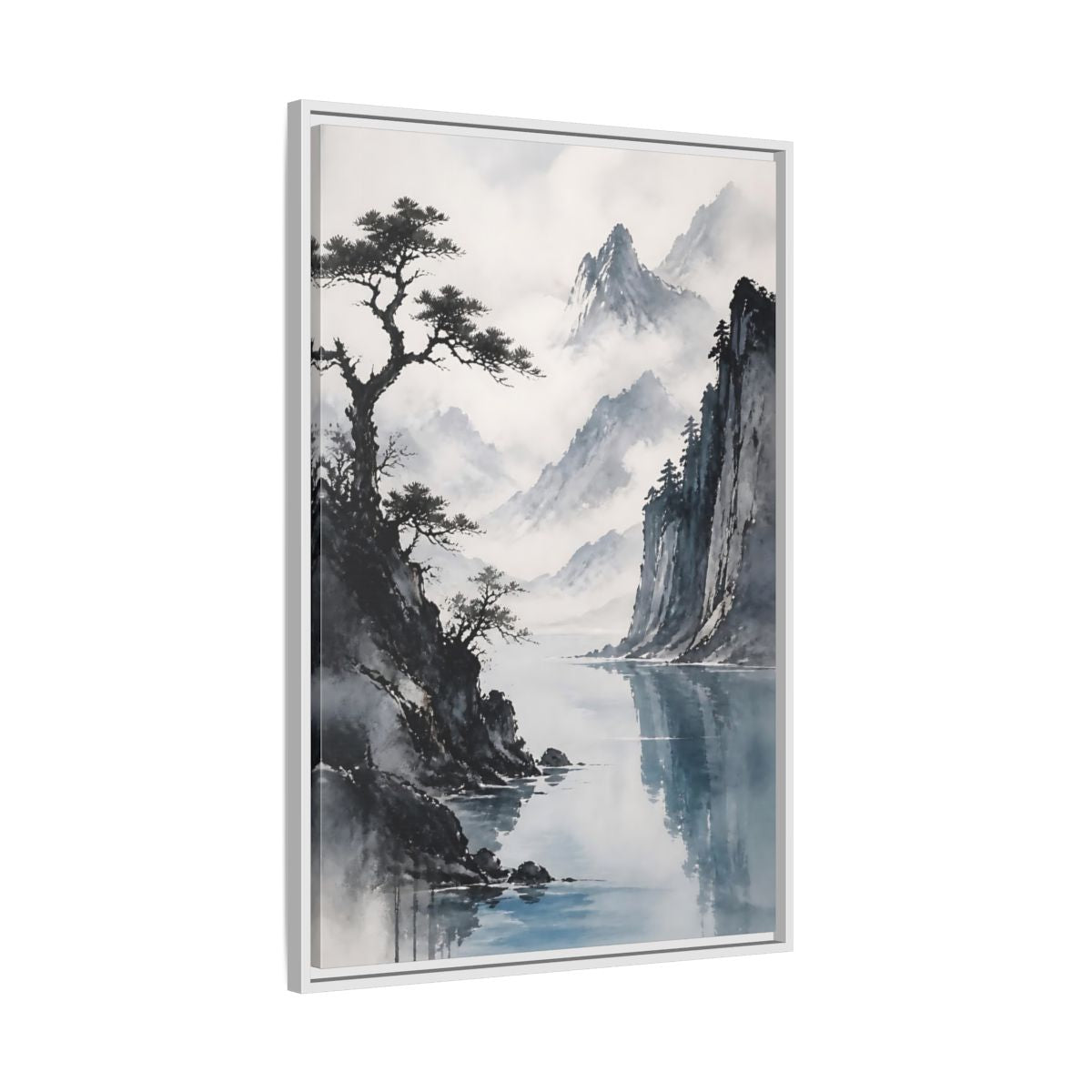 Side Mockup 9. Misty Mountain Lake shown as framed canvas print