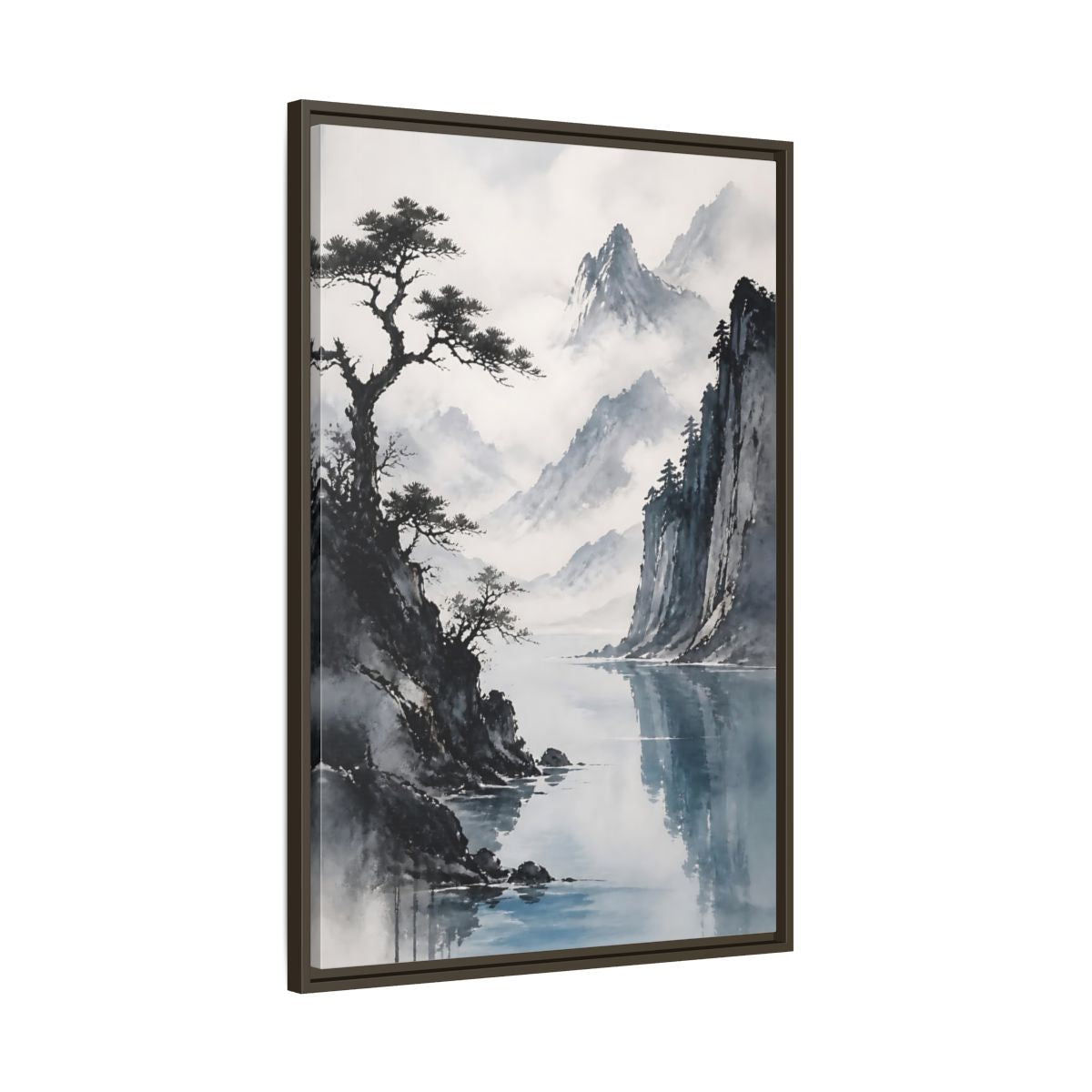 Main Mockup. Misty Mountain Lake shown as framed canvas print