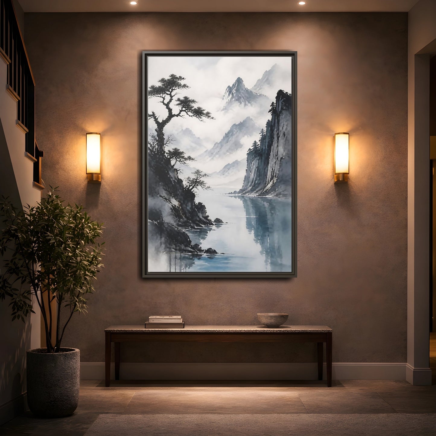 Mockup 2. Misty Mountain Lake shown as framed canvas print