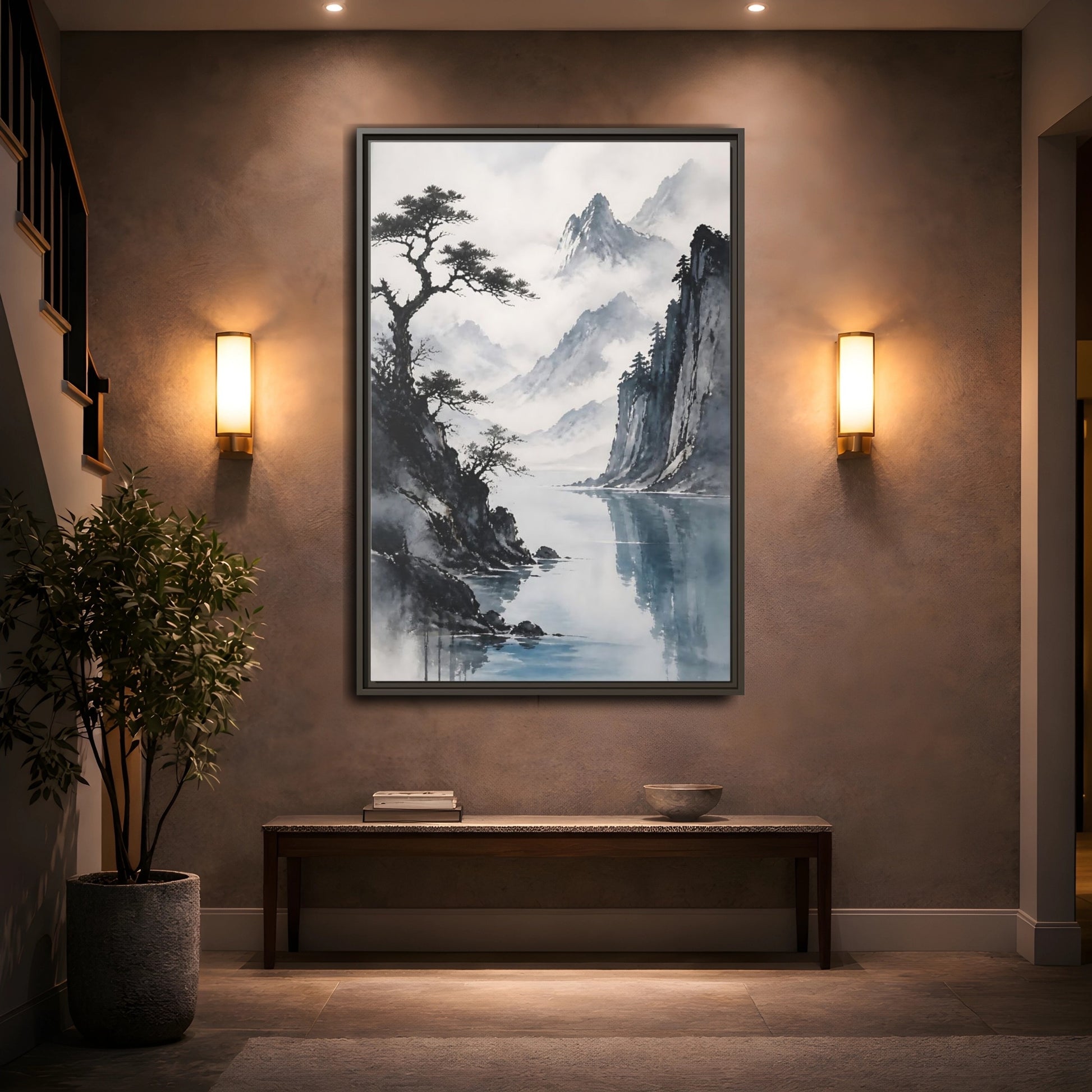 Mockup 2. Misty Mountain Lake shown as framed canvas print