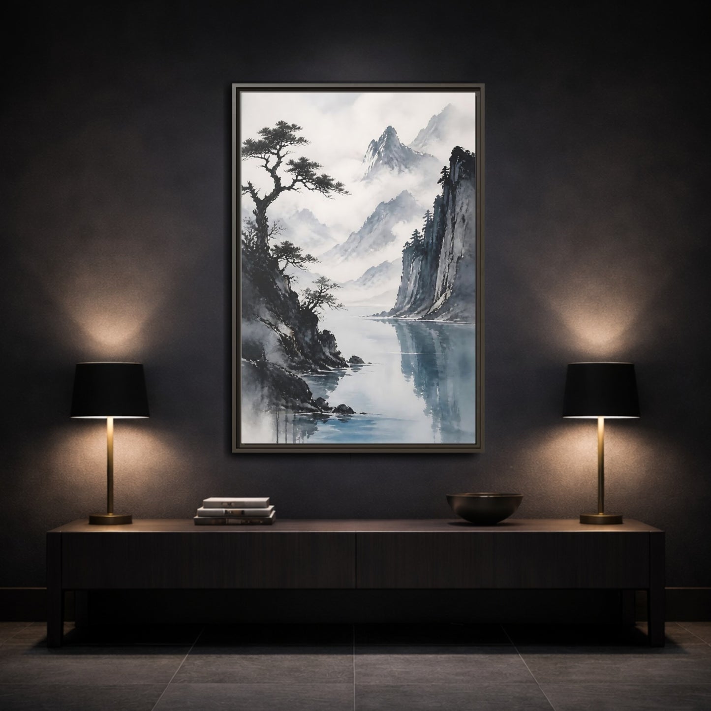 Mockup 3. Misty Mountain Lake shown as framed canvas print