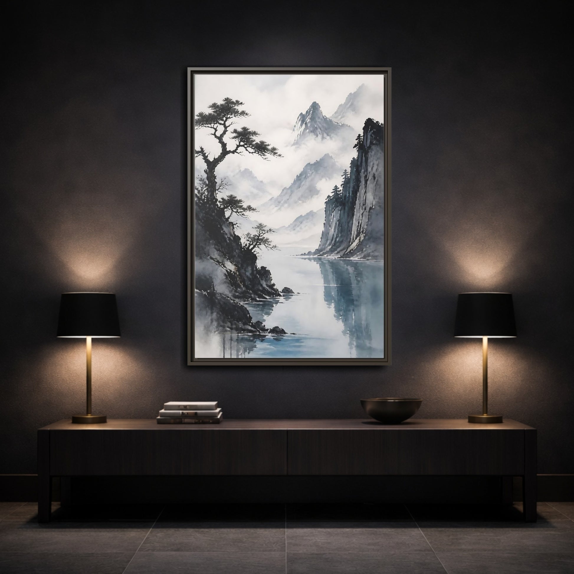 Mockup 3. Misty Mountain Lake shown as framed canvas print