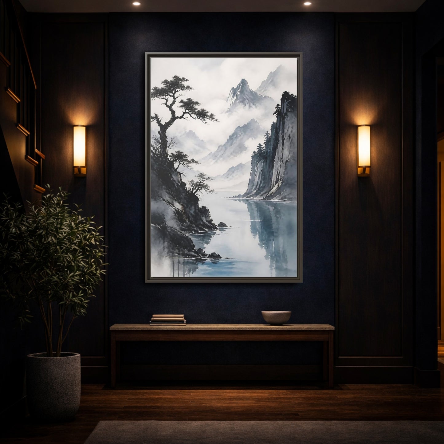 Mockup 4. Misty Mountain Lake shown as framed canvas print