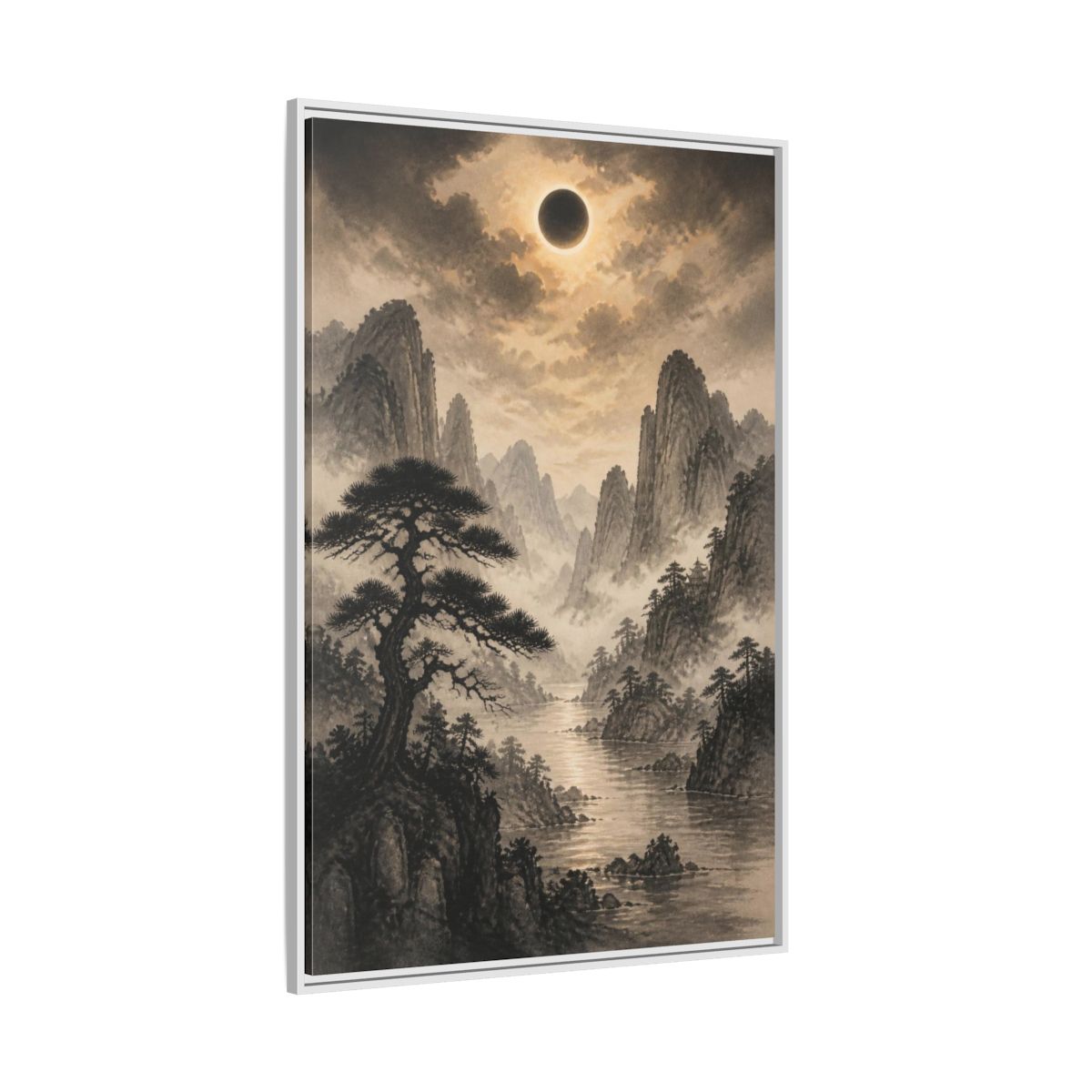 Side Mockup 7. Misty Mountain Landscape shown as framed canvas print