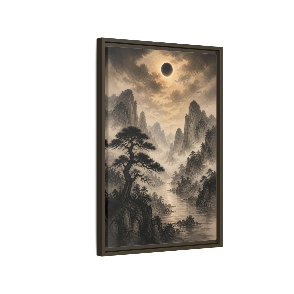 Side Mockup 2. Misty Mountain Landscape shown as framed canvas print