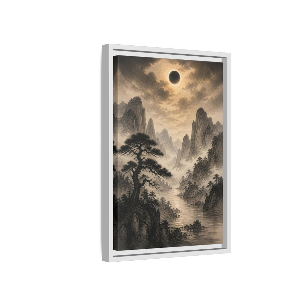 Side Mockup 4. Misty Mountain Landscape shown as framed canvas print