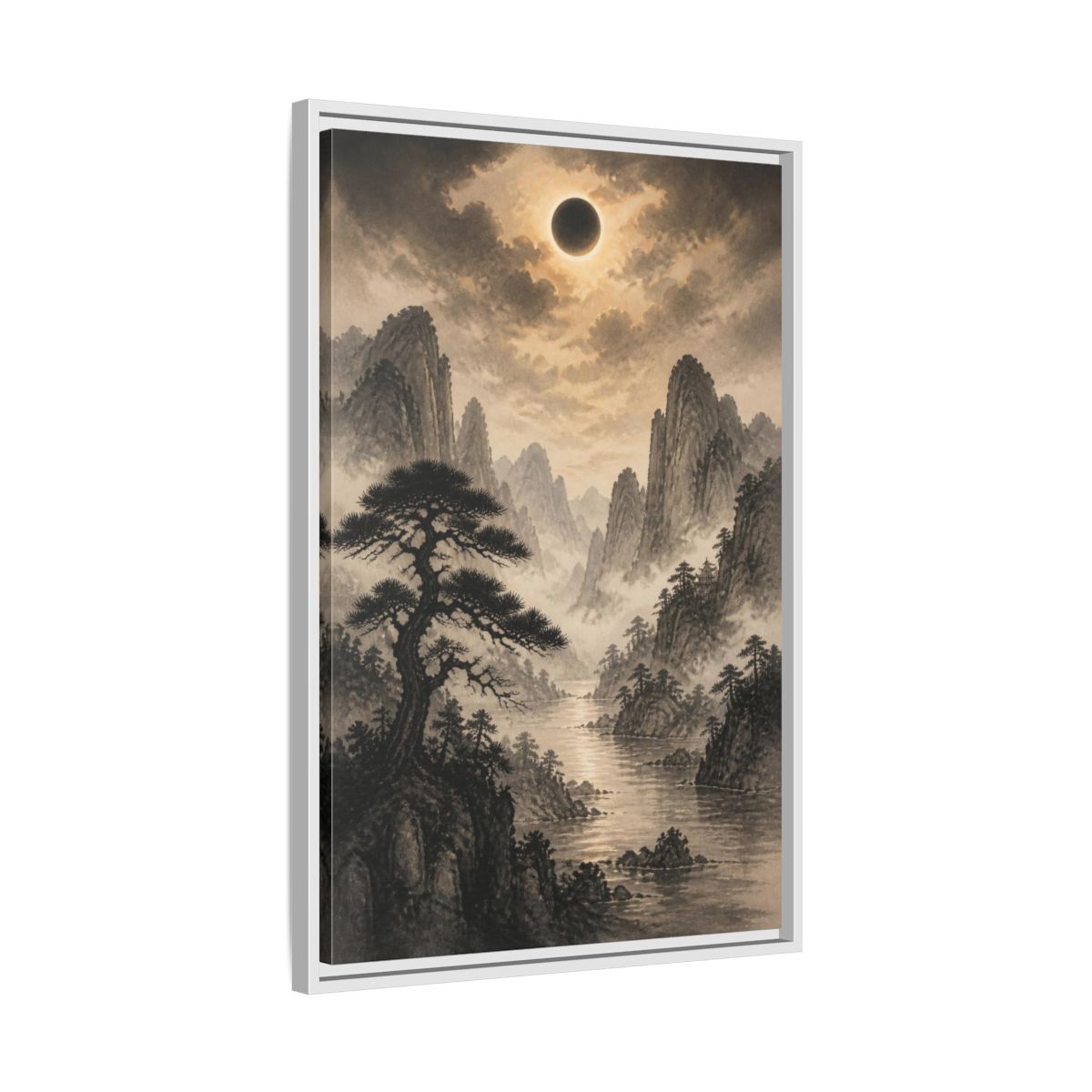 Side Mockup 10. Misty Mountain Landscape shown as framed canvas print