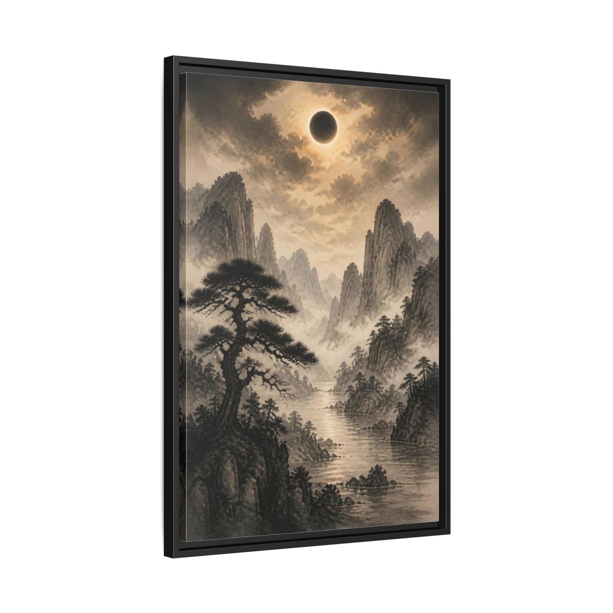 Side Mockup 14. Misty Mountain Landscape shown as framed canvas print