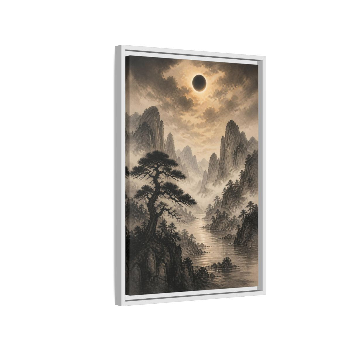 Side Mockup 1. Misty Mountain Landscape shown as framed canvas print