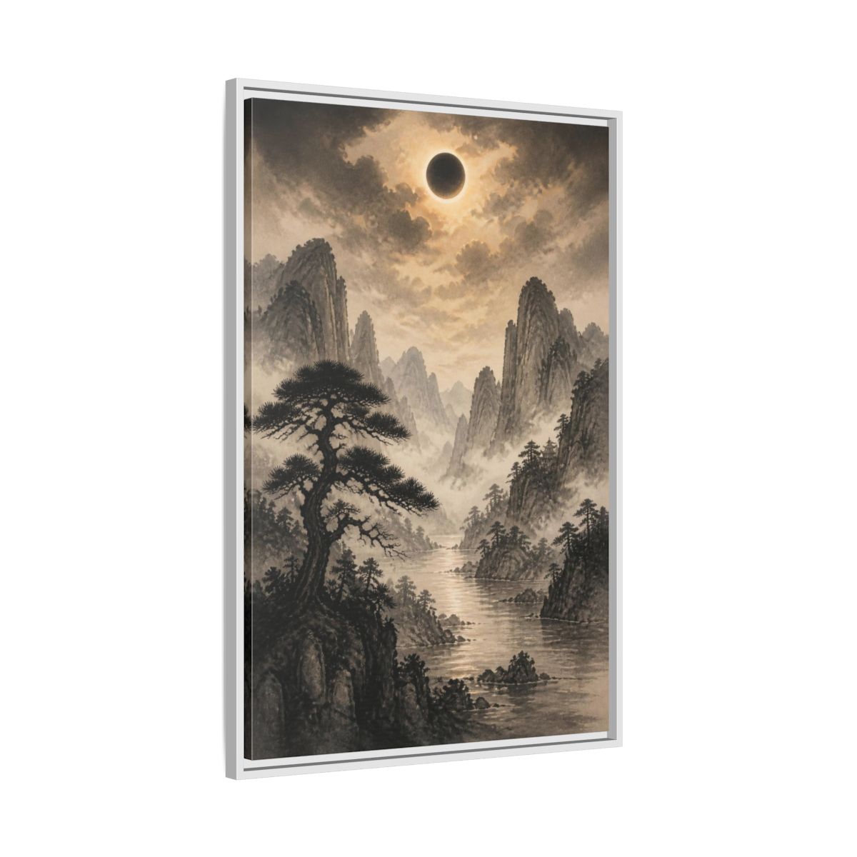 Side Mockup 9. Misty Mountain Landscape shown as framed canvas print
