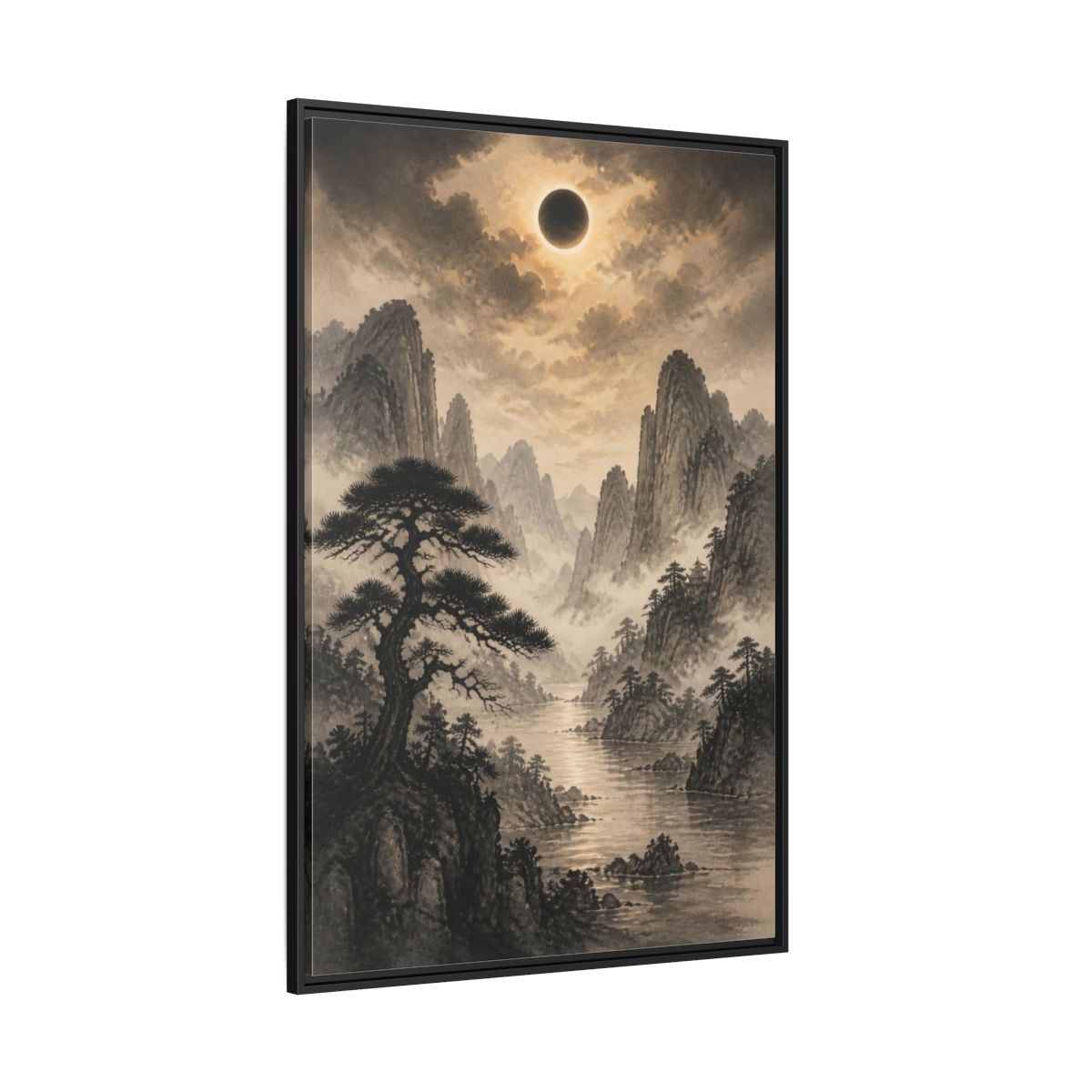 Side Mockup 12. Misty Mountain Landscape shown as framed canvas print
