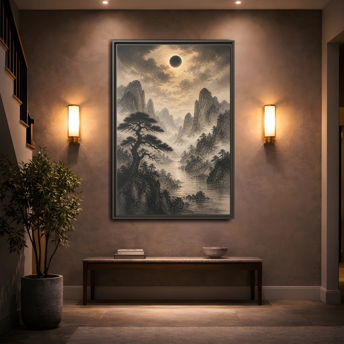Mockup 2. Misty Mountain Landscape shown as framed canvas print