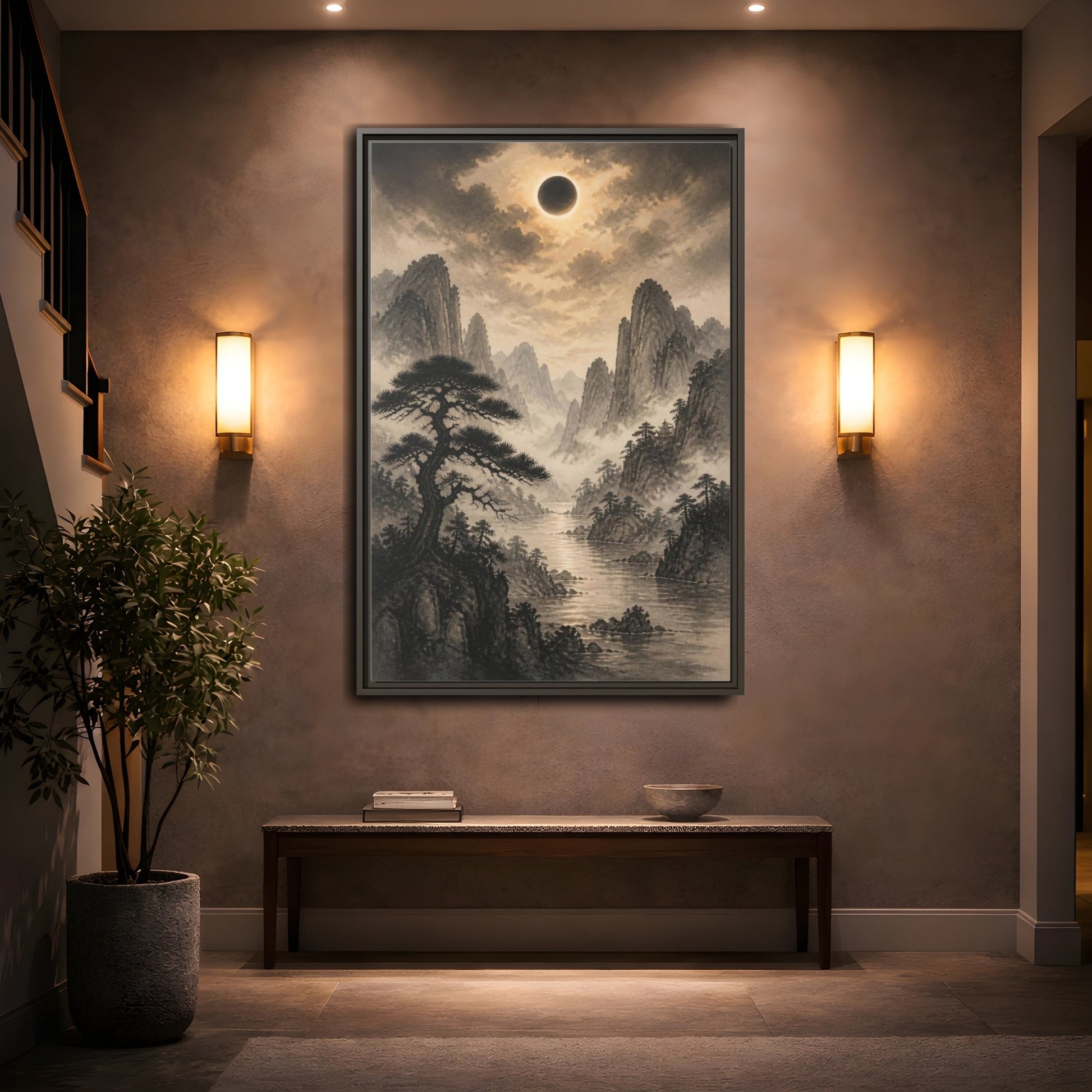 Mockup 2. Misty Mountain Landscape shown as framed canvas print