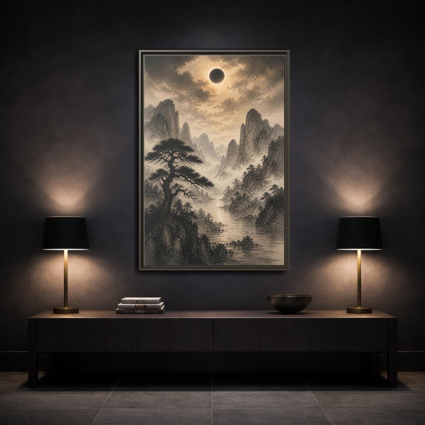 Mockup 3. Misty Mountain Landscape shown as framed canvas print