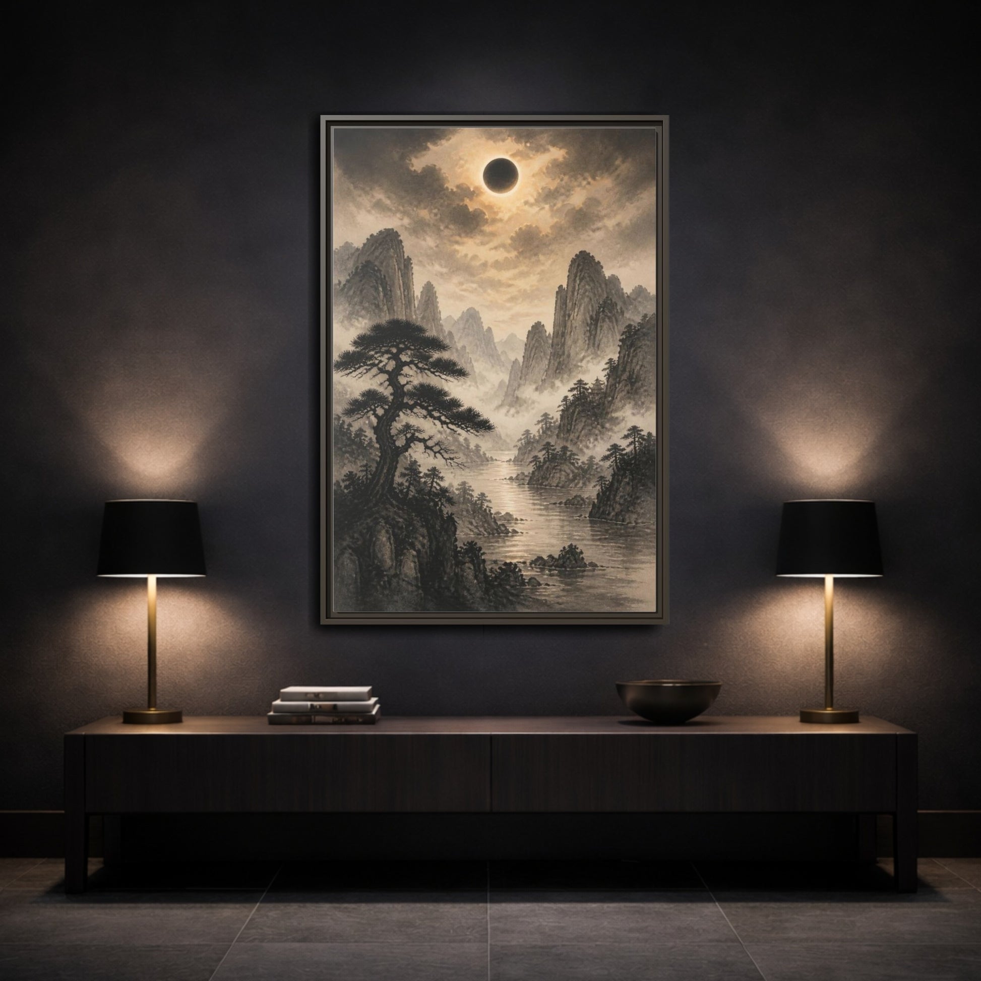 Mockup 3. Misty Mountain Landscape shown as framed canvas print
