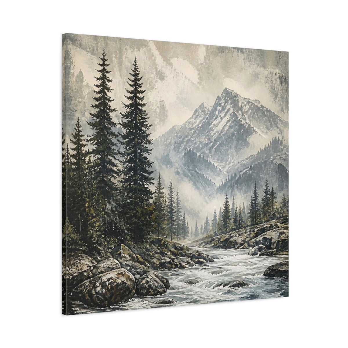 Main Mockup. Misty Mountain Pines shown as canvas print