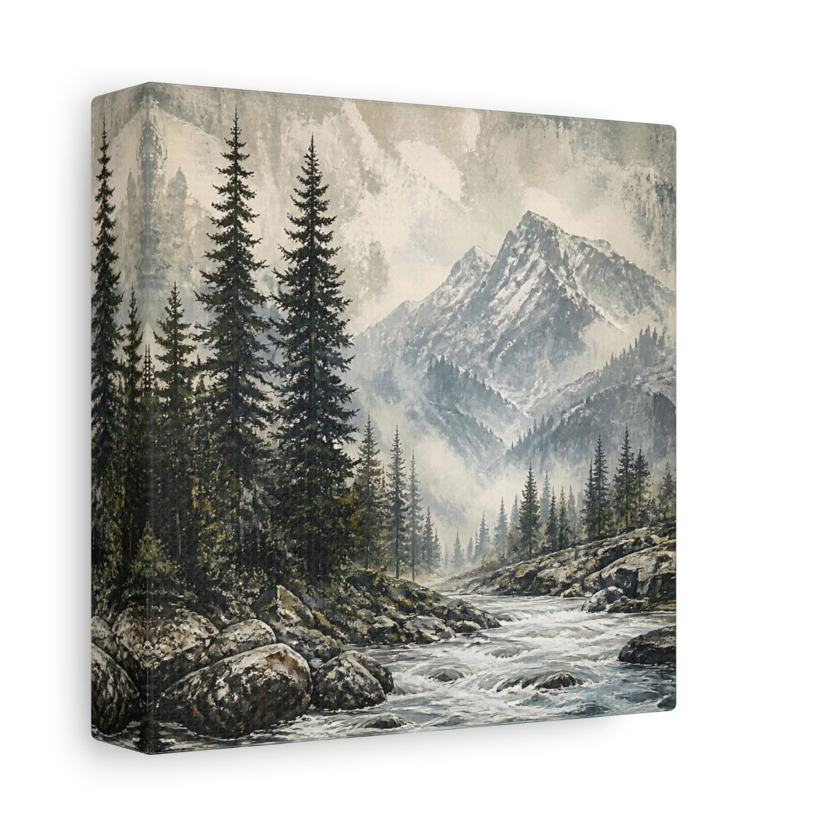 Side Mockup 2. Misty Mountain Pines shown as canvas print