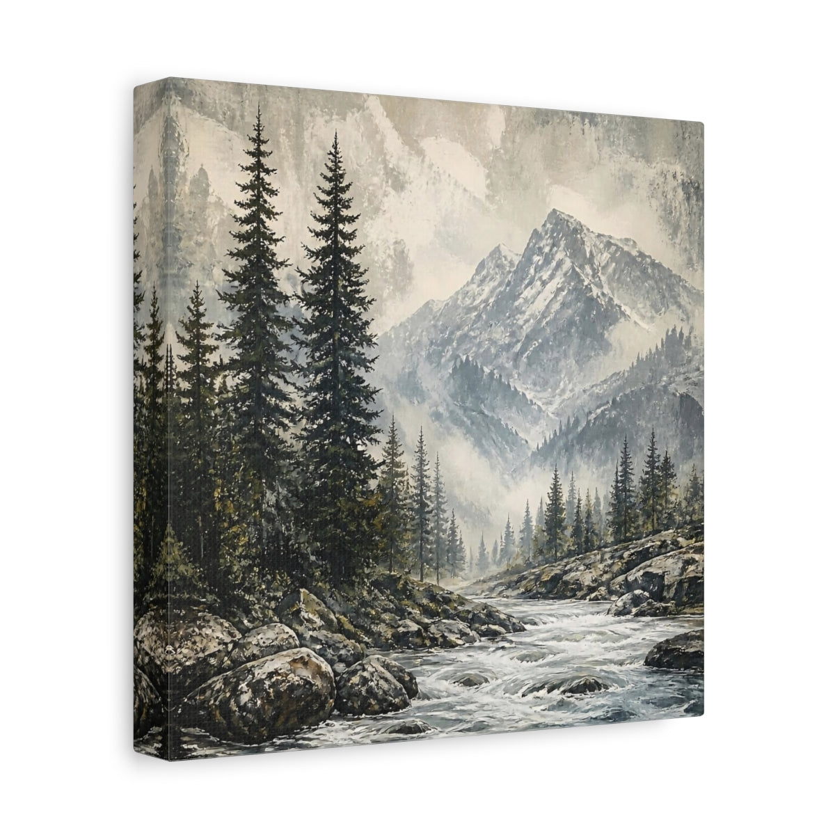 Side Mockup 9. Misty Mountain Pines shown as canvas print