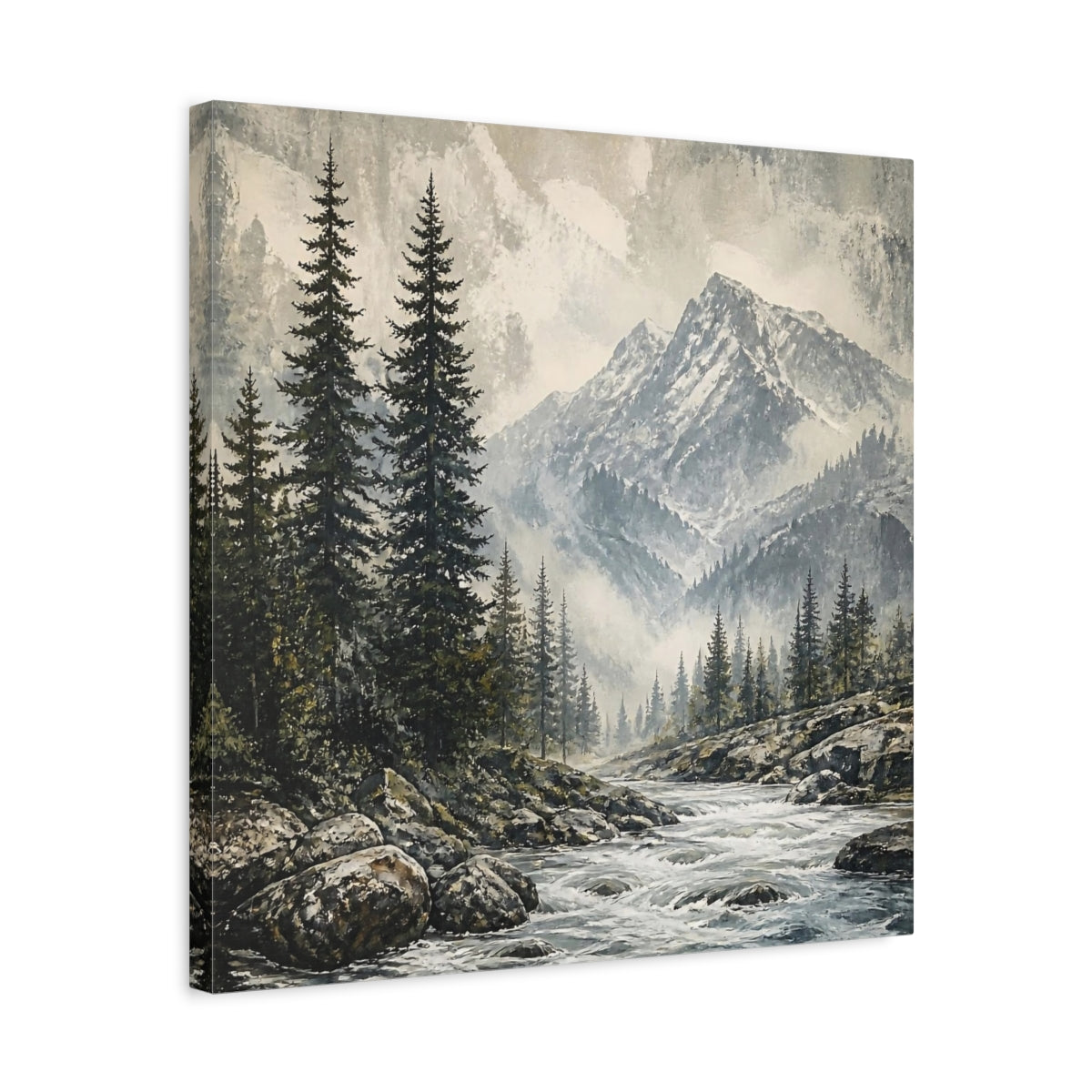 Side Mockup 5. Misty Mountain Pines shown as canvas print