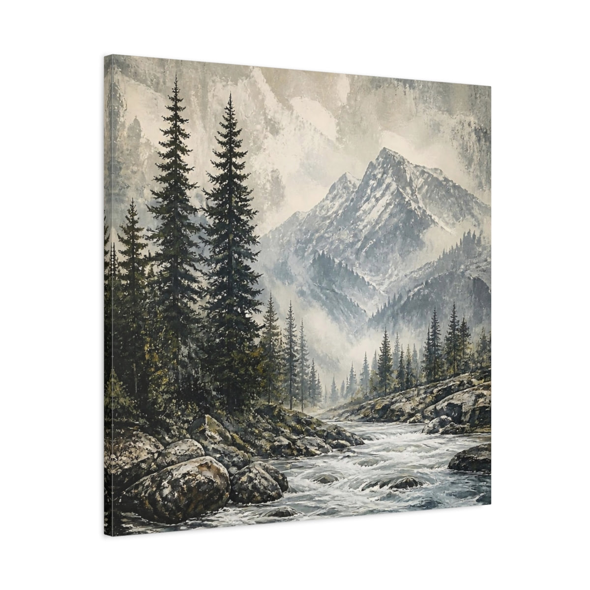 Side Mockup 3. Misty Mountain Pines shown as canvas print