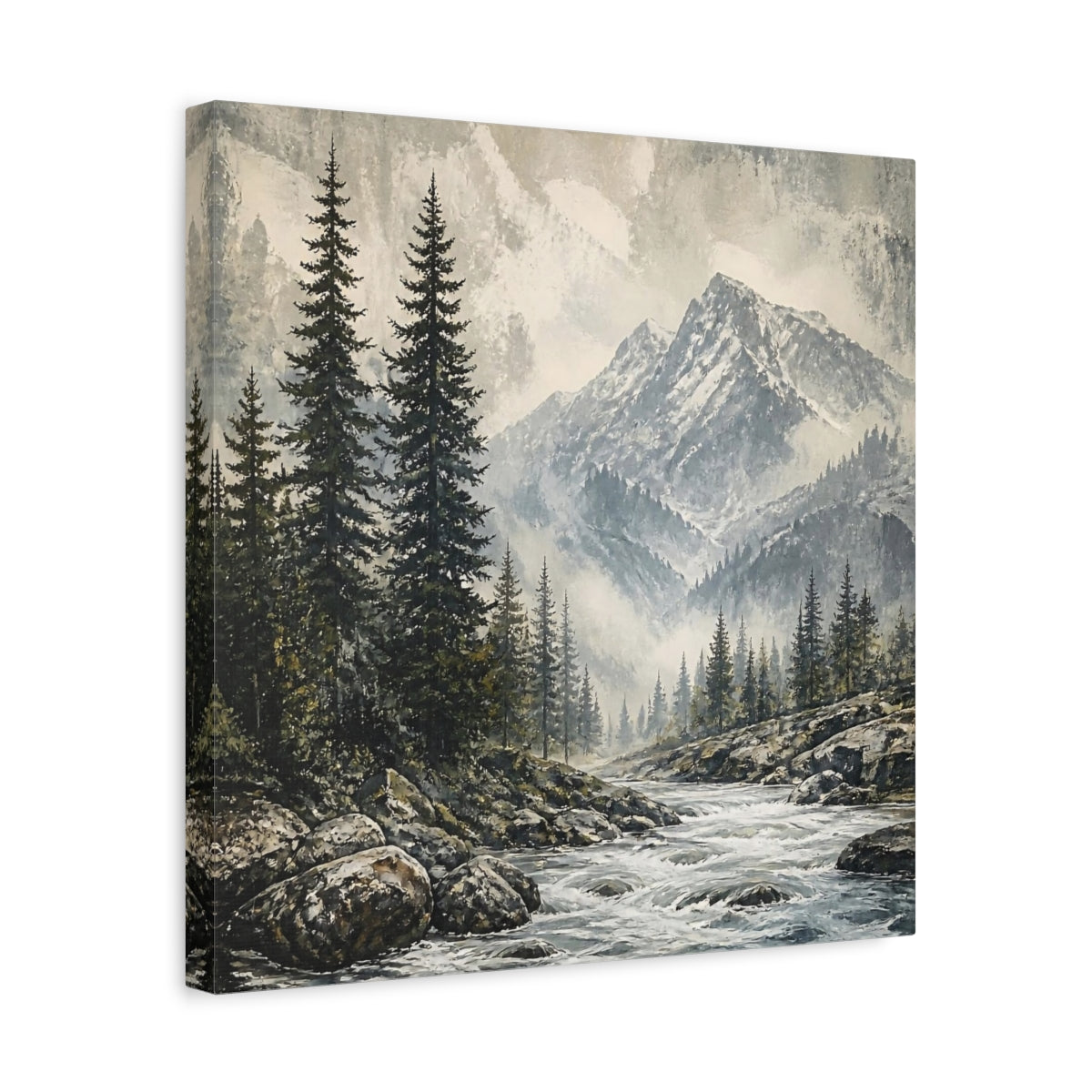 Side Mockup 6. Misty Mountain Pines shown as canvas print