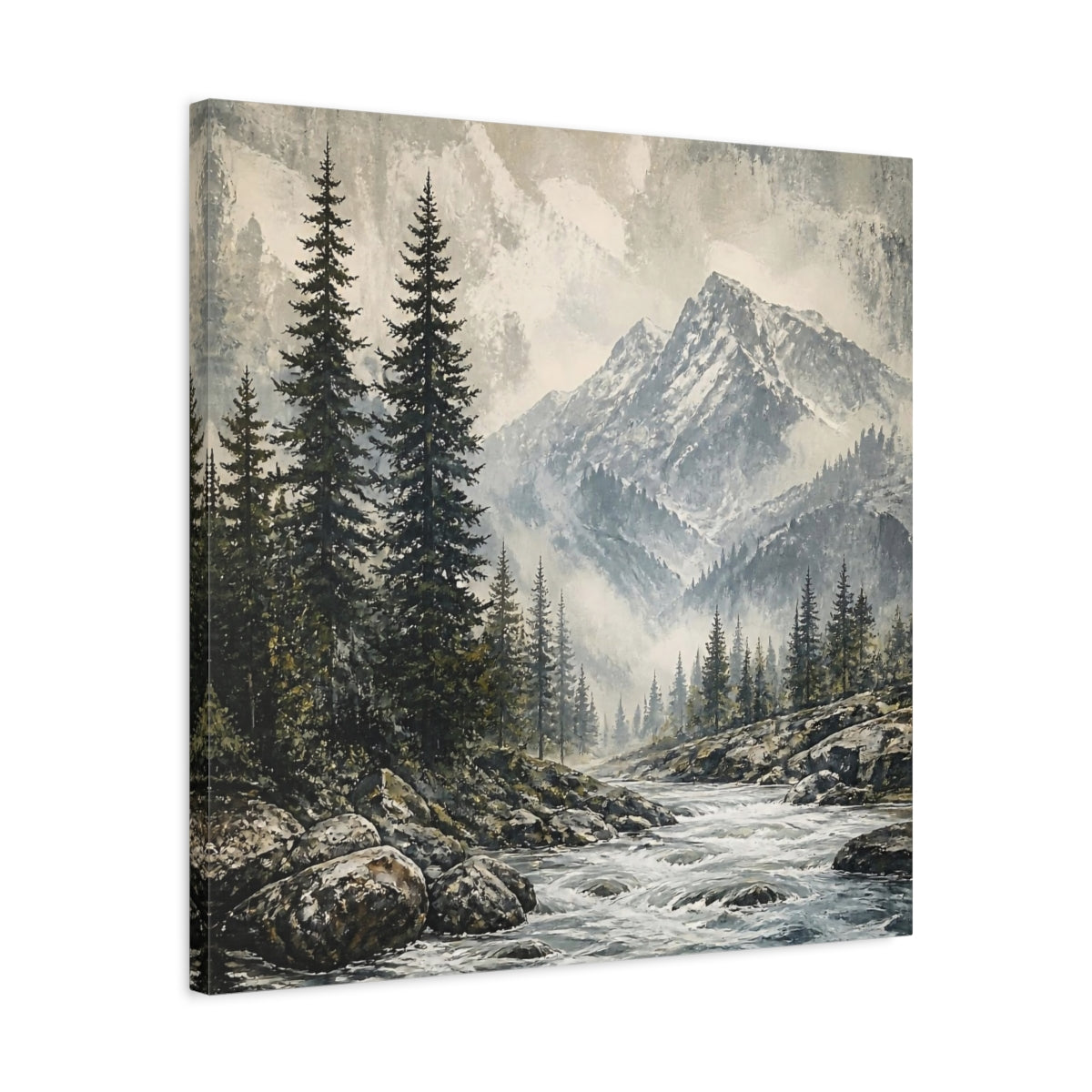 Side Mockup 4. Misty Mountain Pines shown as canvas print