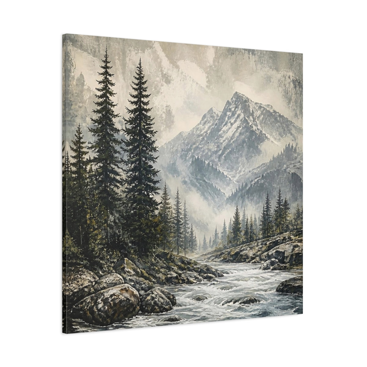 Side Mockup 1. Misty Mountain Pines shown as canvas print