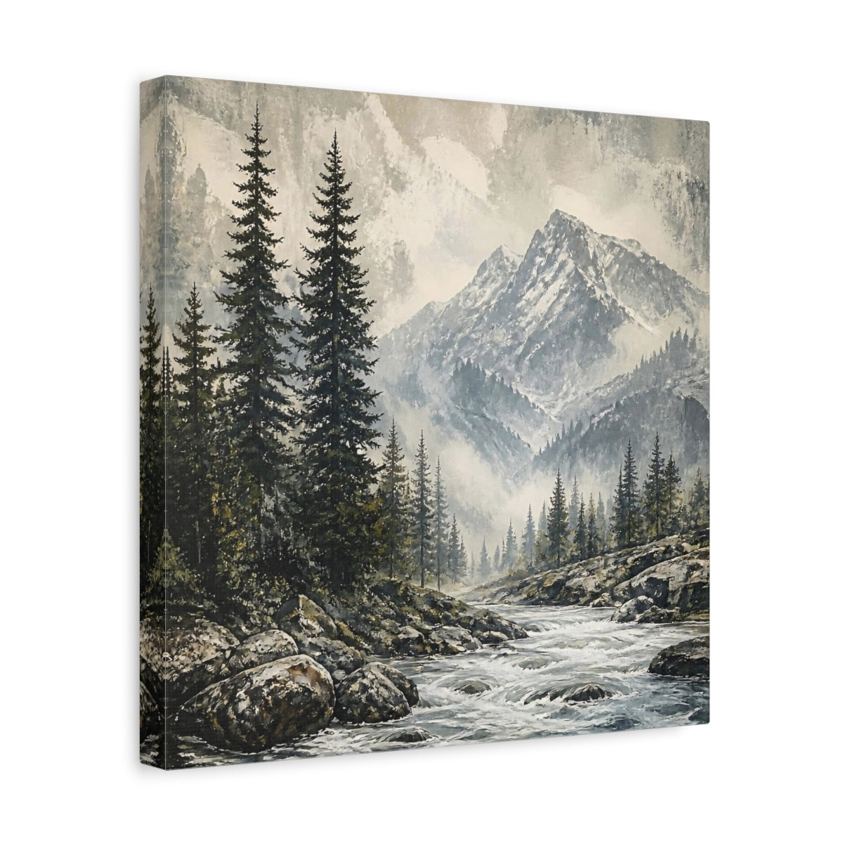Side Mockup 7. Misty Mountain Pines shown as canvas print